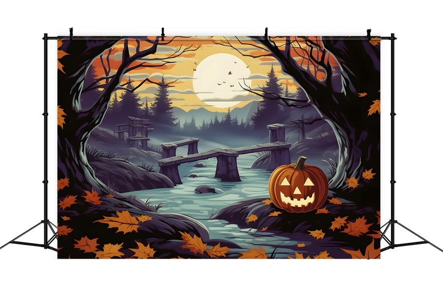 Toile de fond de rivière dans la forêt enchantée avec citrouille d'Halloween RR7-259