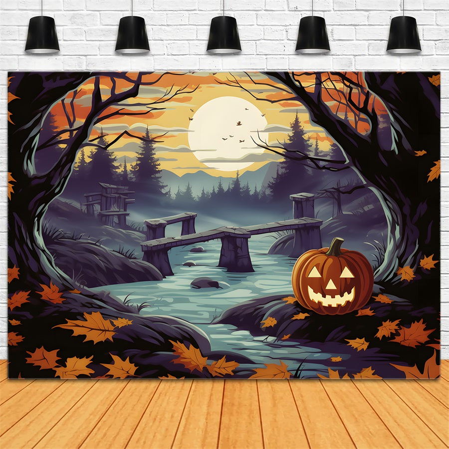 Toile de fond de rivière dans la forêt enchantée avec citrouille d'Halloween RR7-259