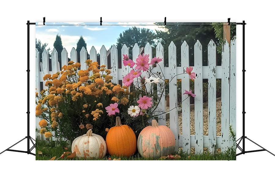 Toile de fond de clôture avec jardin de fleurs et citrouilles d'automne RR7-261