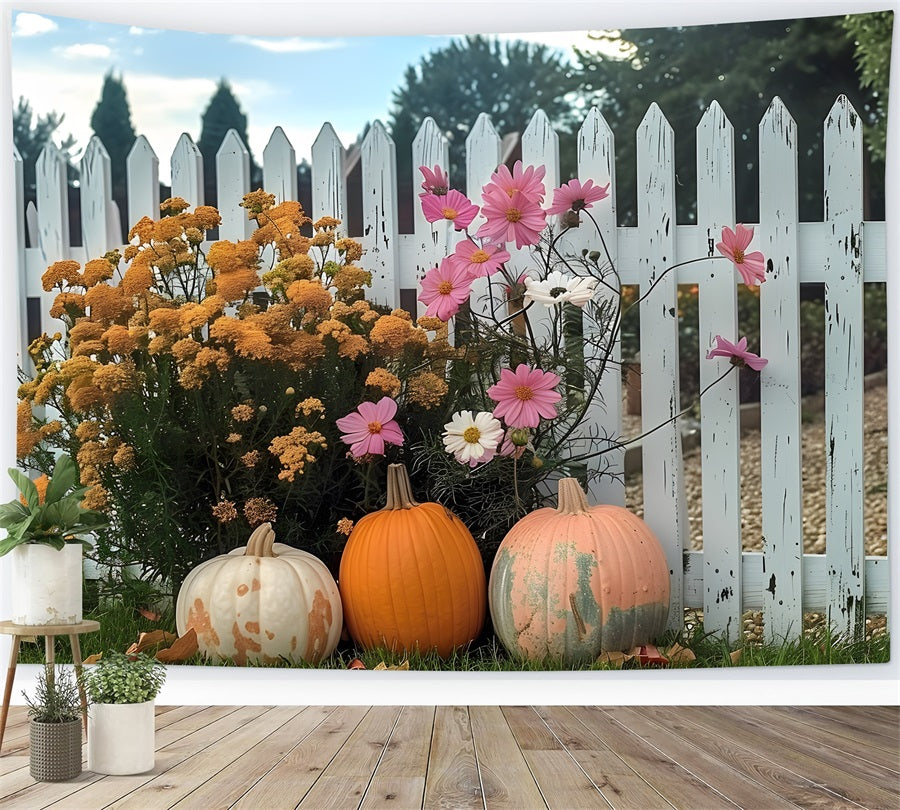 Toile de fond de clôture avec jardin de fleurs et citrouilles d'automne RR7-261