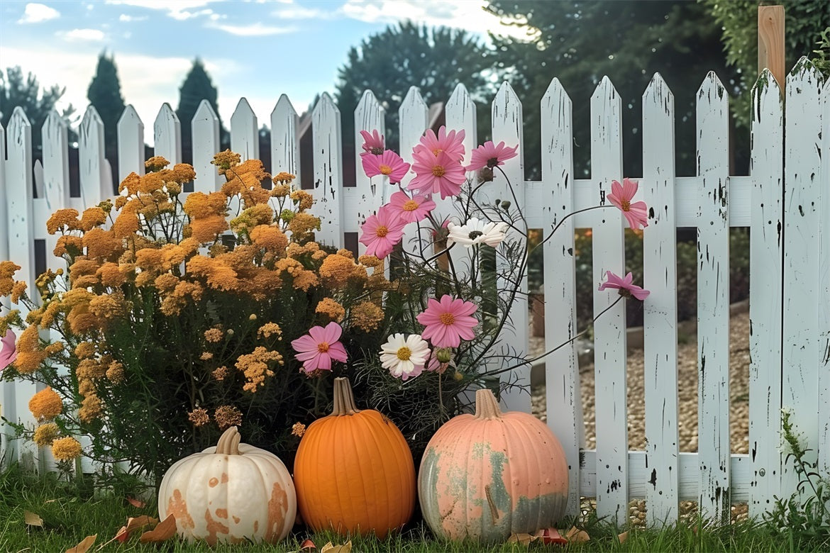 Toile de fond de clôture avec jardin de fleurs et citrouilles d'automne RR7-261