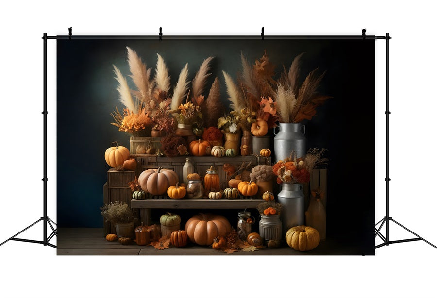 Toile de fond de présentation florale rustique de récolte d'automne avec citrouilles RR7-270