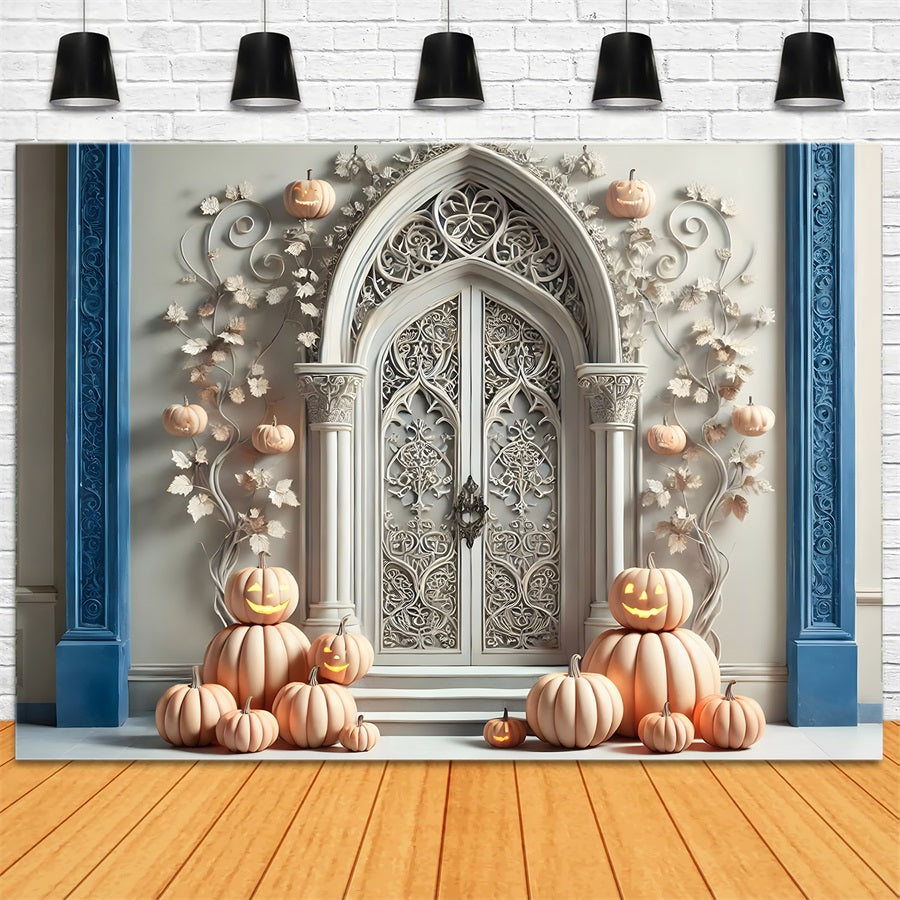 Toile de fond d'arche gothique blanche avec citrouille d'Halloween RR7-272