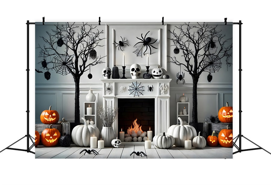 Toile de fond de cheminée blanche avec toiles d'araignée et citrouille d'Halloween RR7-274