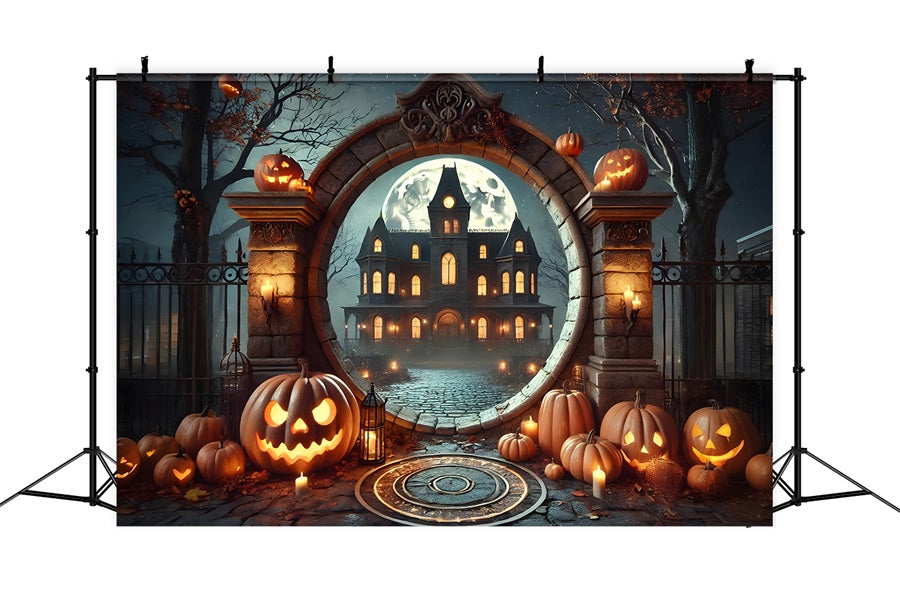 Toile de fond de manoir hanté avec arche et citrouille d'Halloween RR7-275