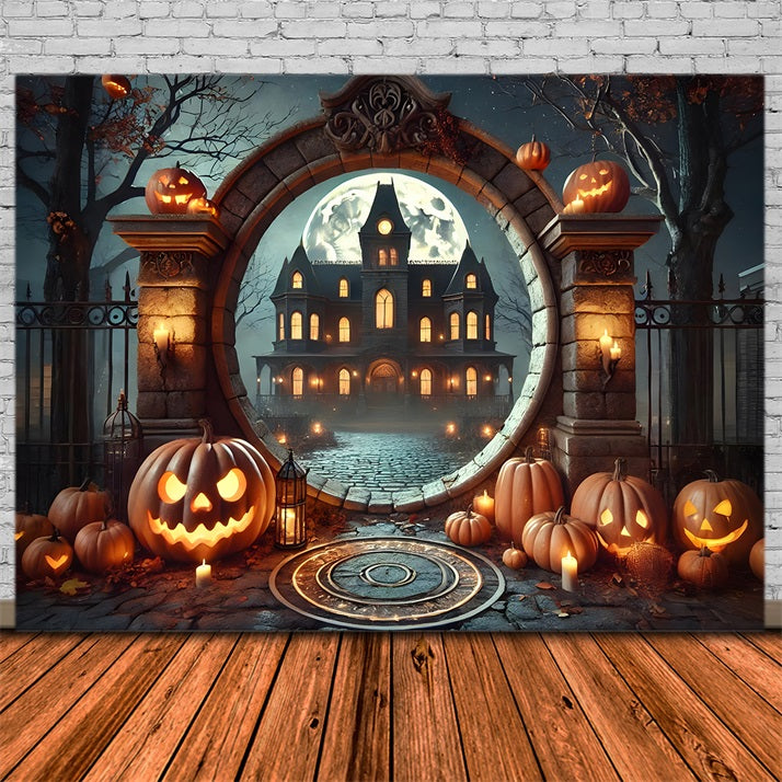 Toile de fond de manoir hanté avec arche et citrouille d'Halloween RR7-275