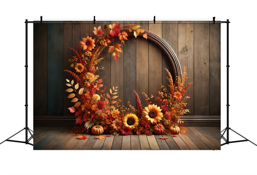 Toile de fond de décor en bois avec arche florale et citrouilles d'automne RR7-279