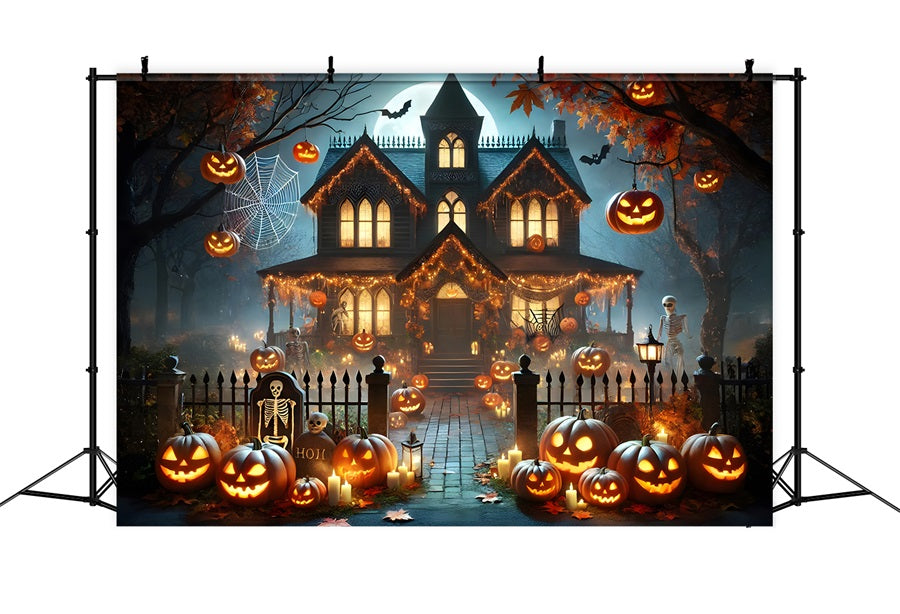 Toile de fond de maison hantée avec lanternes de citrouille d'Halloween RR7-281