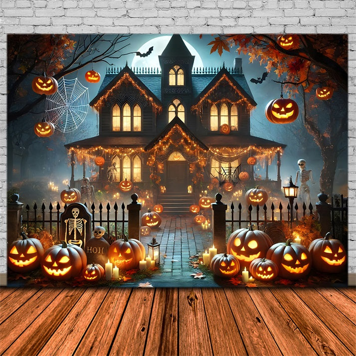 Toile de fond de maison hantée avec lanternes de citrouille d'Halloween RR7-281