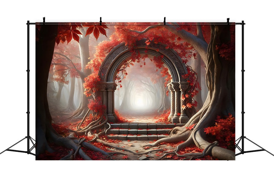 Toile de fond de forêt enchantée d'automne avec arche en pierre RR7-283