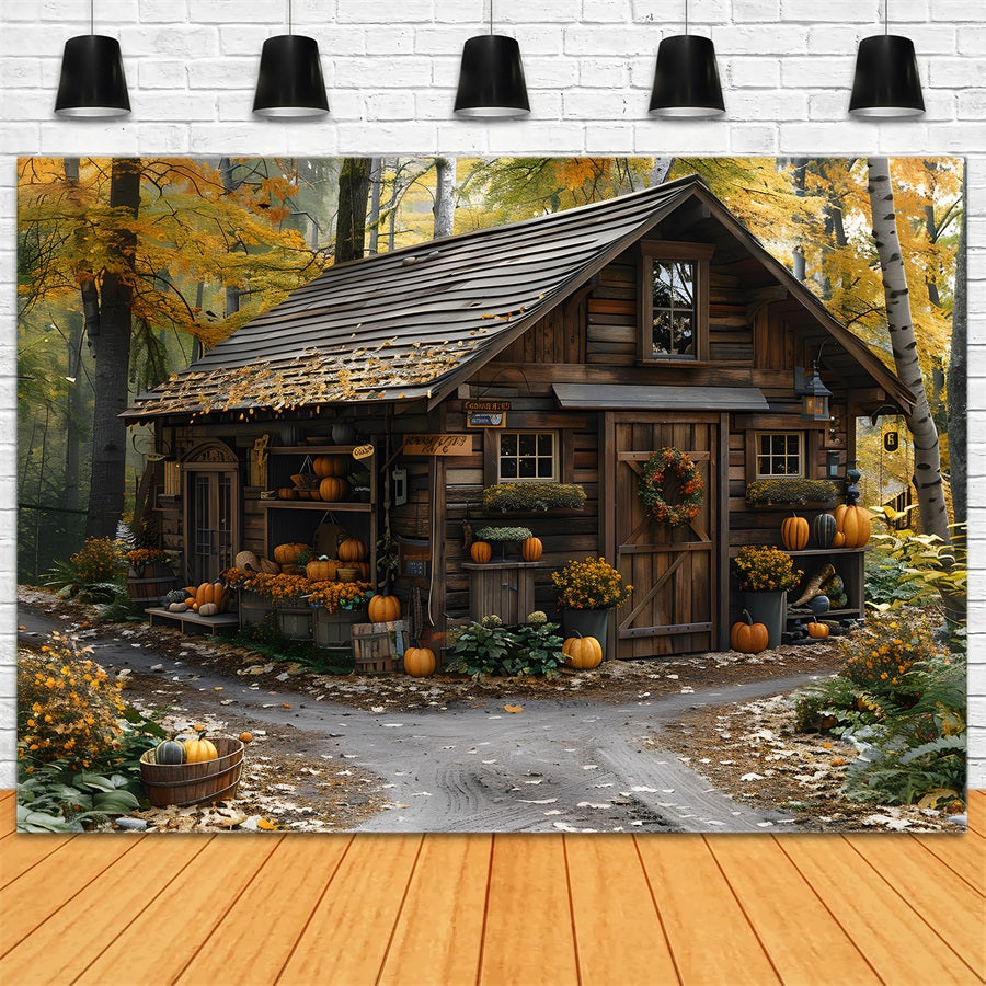 Toile de fond de cabane rustique d'automne avec citrouilles et feuilles RR7-285