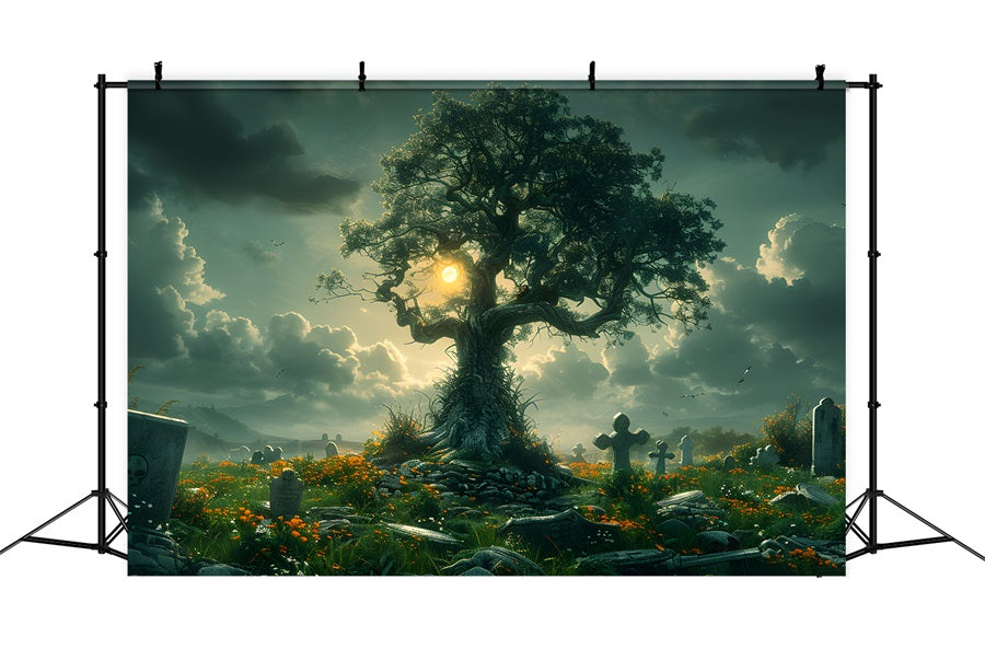 Toile de fond d'arbre de cimetière enchanté d'Halloween RR7-286