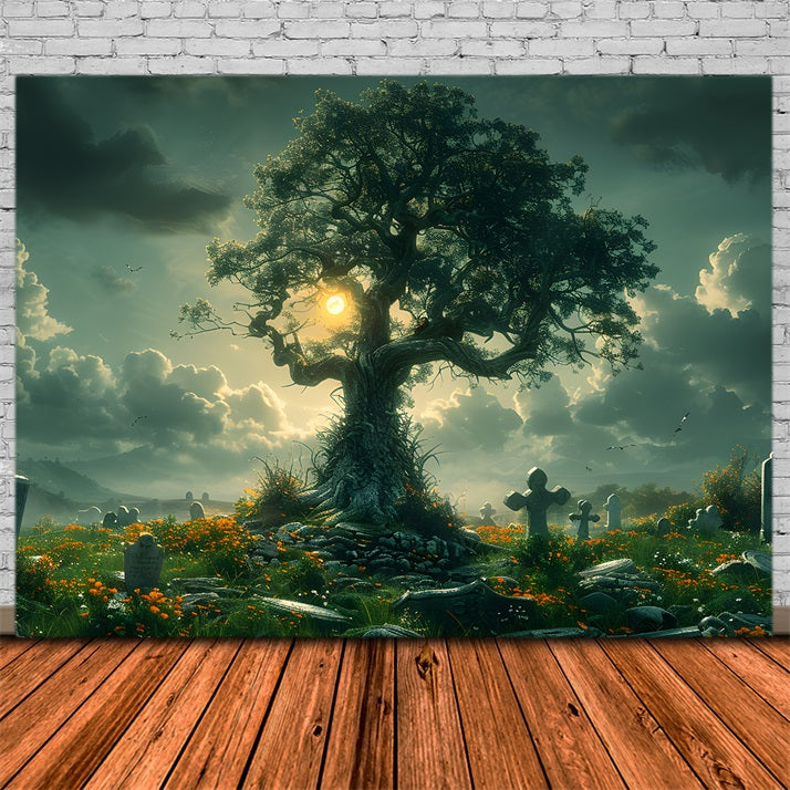 Toile de fond d'arbre de cimetière enchanté d'Halloween RR7-286