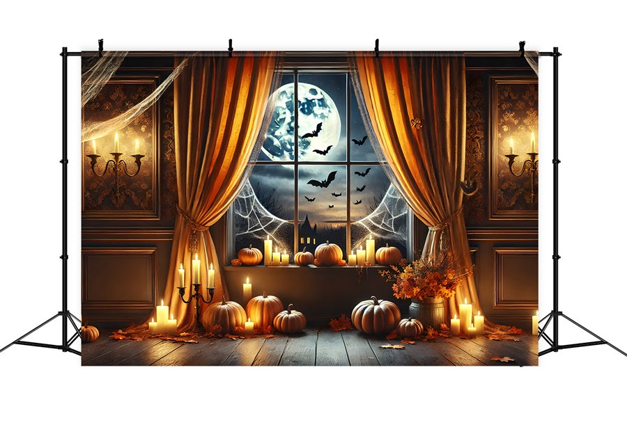 Toile de fond de fenêtre éclairée par la lune avec citrouille d'Halloween RR7-291