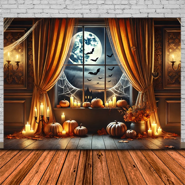 Toile de fond de fenêtre éclairée par la lune avec citrouille d'Halloween RR7-291