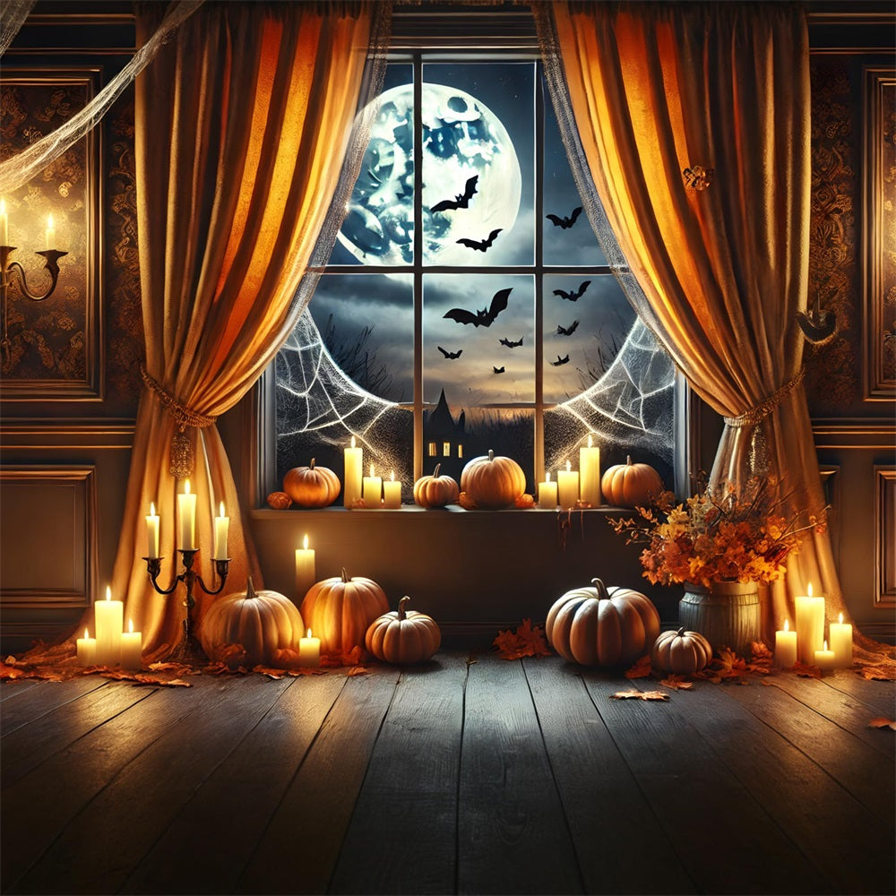 Toile de fond de fenêtre éclairée par la lune avec citrouille d'Halloween RR7-291