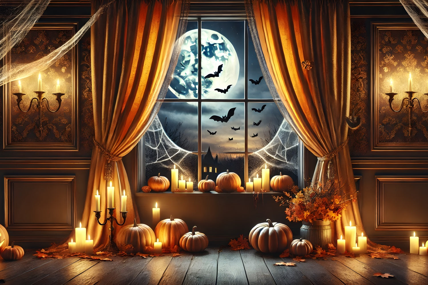 Toile de fond de fenêtre éclairée par la lune avec citrouille d'Halloween RR7-291