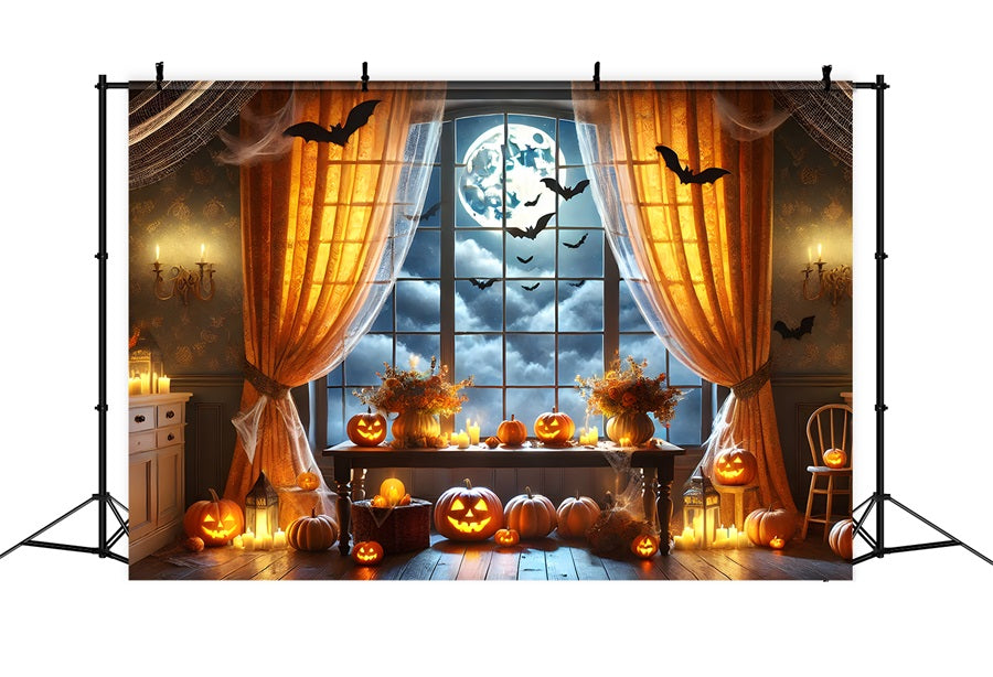 Toile de fond de fenêtre à pleine lune avec citrouille d'Halloween RR7-292