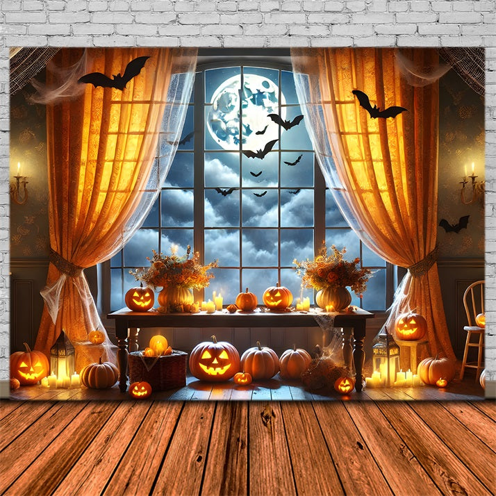 Toile de fond de fenêtre à pleine lune avec citrouille d'Halloween RR7-292