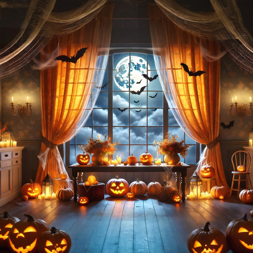 Toile de fond de fenêtre à pleine lune avec citrouille d'Halloween RR7-292