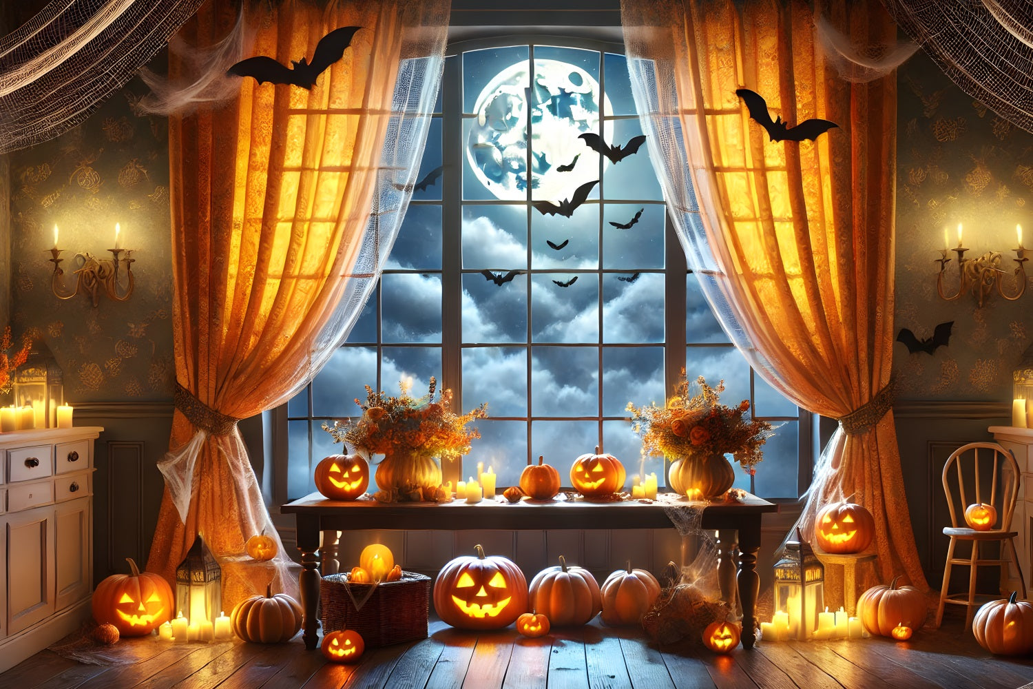 Toile de fond de fenêtre à pleine lune avec citrouille d'Halloween RR7-292