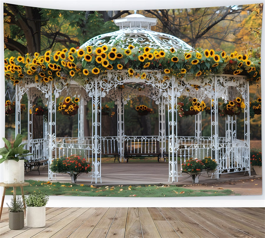 Toile de fond de kiosque orné de tournesols dans un parc d'automne RR7-294