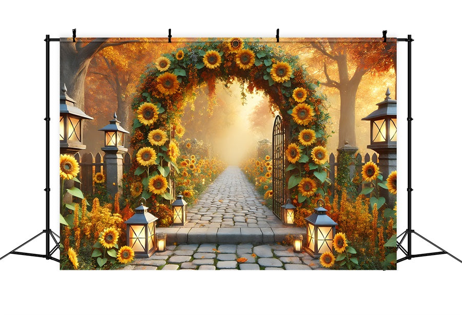 Toile de fond d'arche de tournesols avec lanternes dans un jardin d'automne RR7-295