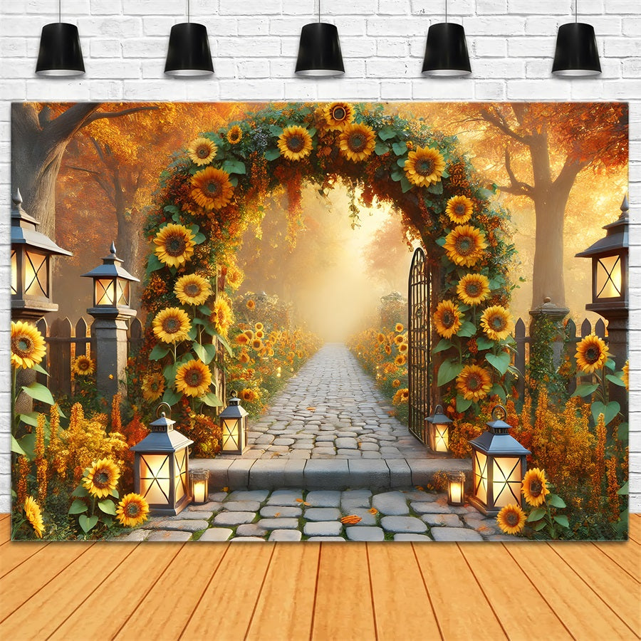 Toile de fond d'arche de tournesols avec lanternes dans un jardin d'automne RR7-295