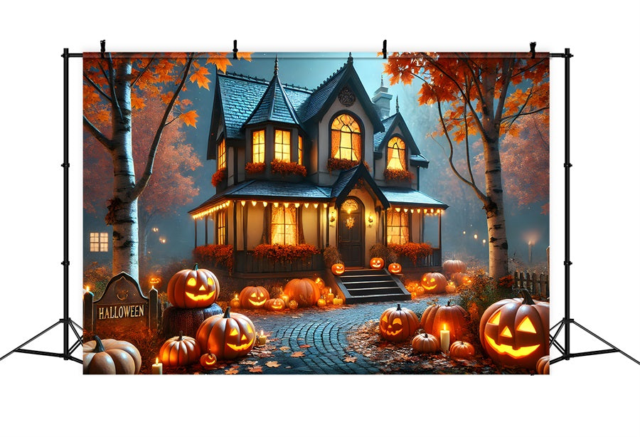 Toile de fond de cottage chaleureux avec citrouille d'Halloween RR7-297