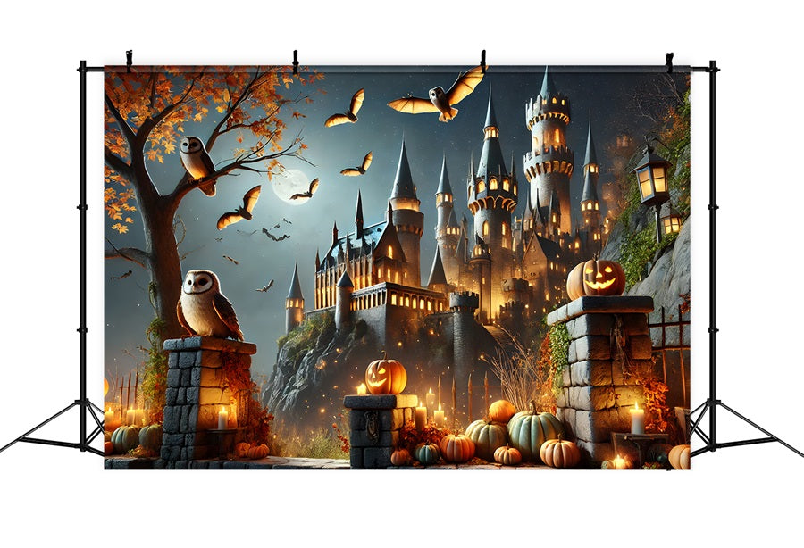 Toile de fond de château enchanté avec citrouille d'Halloween RR7-300