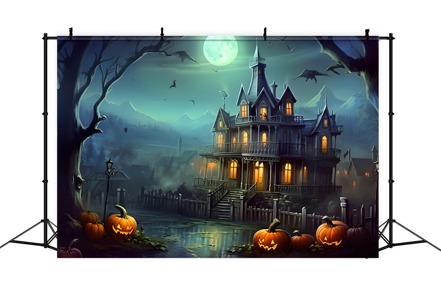 Toile de fond de maison hantée avec citrouille d'Halloween RR7-306