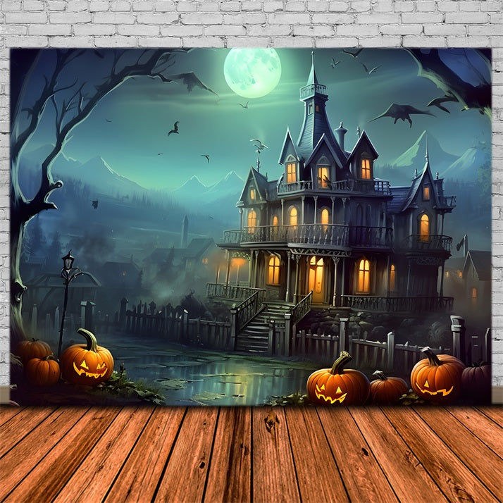 Toile de fond de maison hantée avec citrouille d'Halloween RR7-306