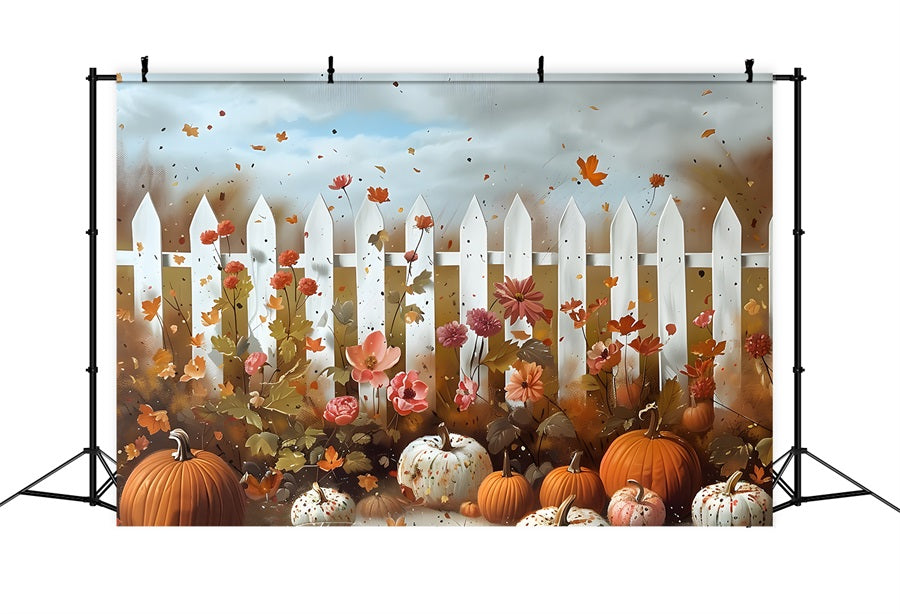 Toile de fond de jardin fantaisiste d'automne avec citrouilles et fleurs RR7-315