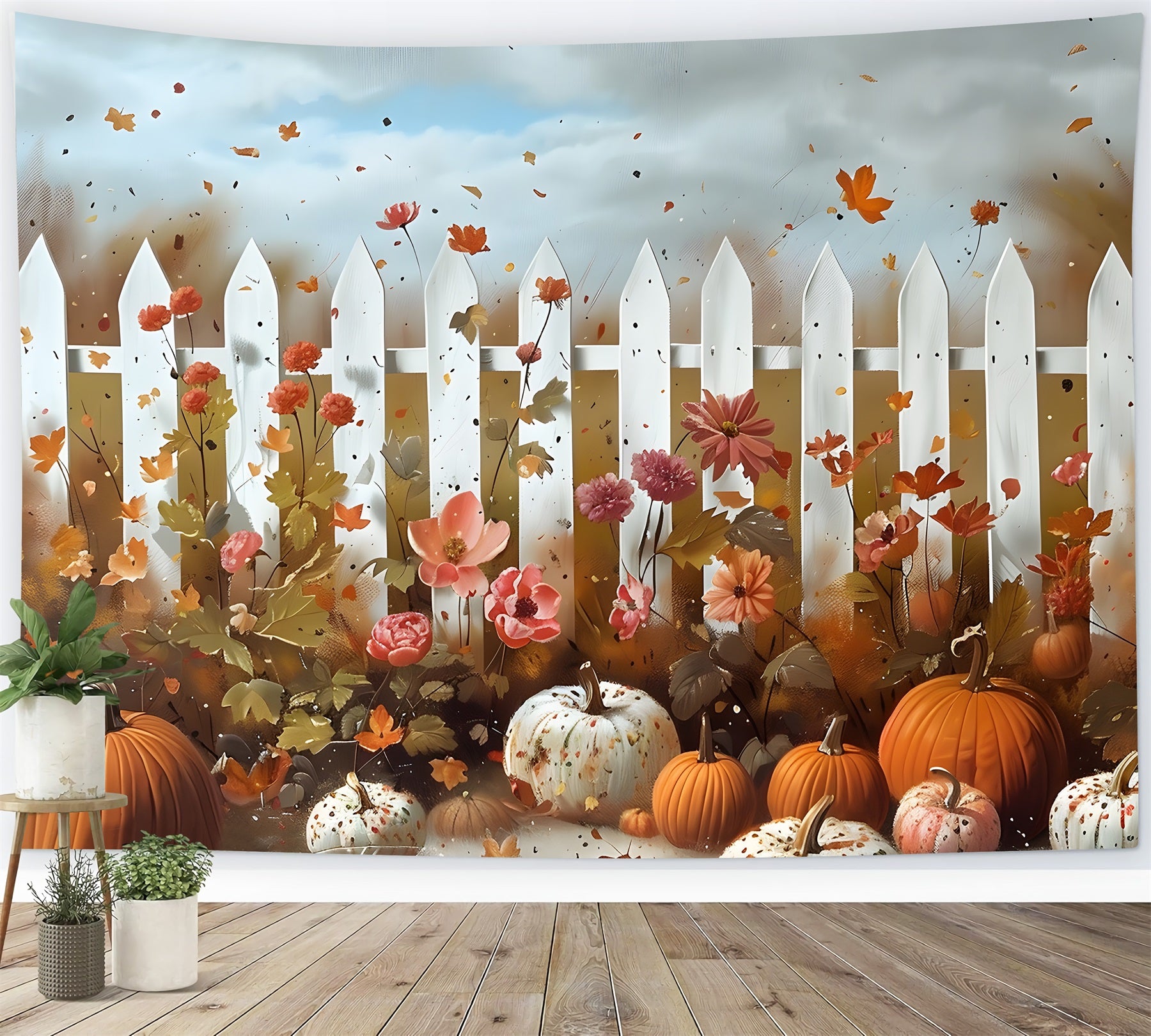 Toile de fond de jardin fantaisiste d'automne avec citrouilles et fleurs RR7-315