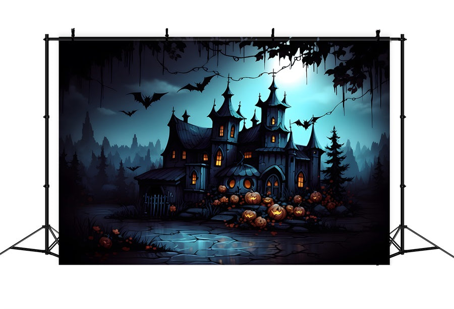 Toile de fond de manoir gothique hanté avec Jack-O' Chauves-souris d'Halloween RR7-316