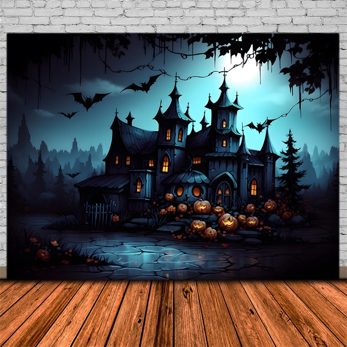 Toile de fond de manoir gothique hanté avec Jack-O' Chauves-souris d'Halloween RR7-316