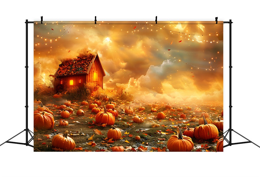 Toile de fond de champ de citrouilles dorées d'automne avec cabane chaleureuse RR7-318