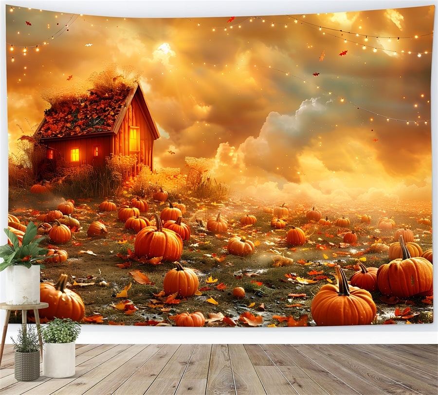 Toile de fond de champ de citrouilles dorées d'automne avec cabane chaleureuse RR7-318