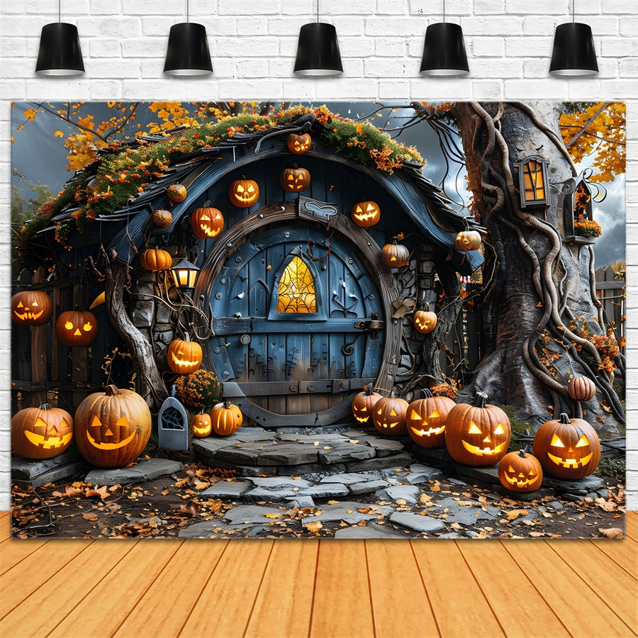 Toile de fond de porte enchantée de citrouille creuse d'Halloween RR7-321