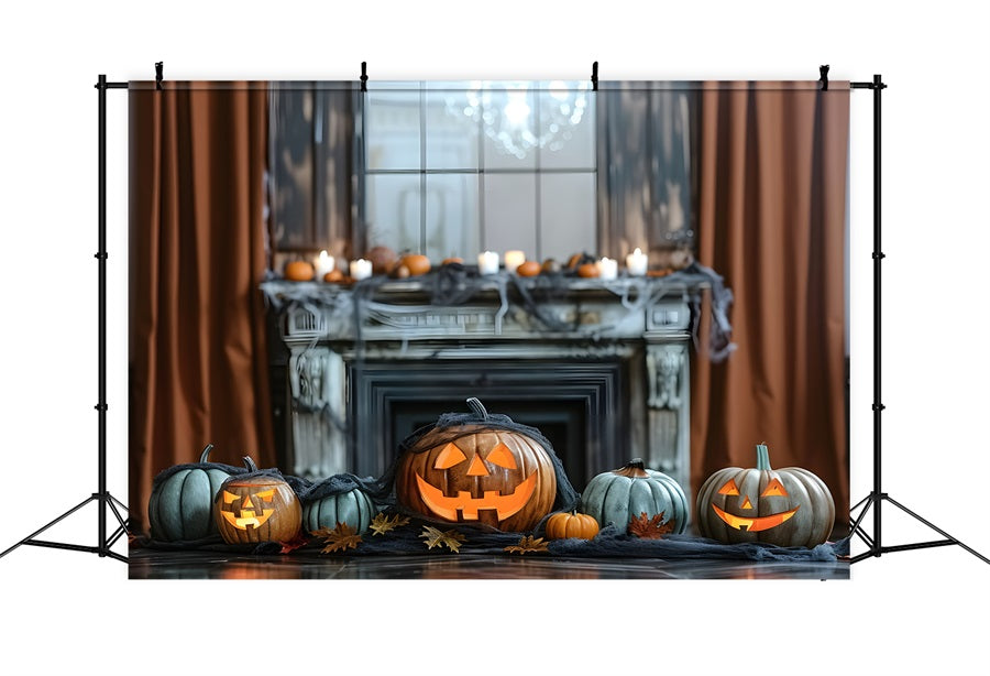 Toile de fond de cheminée hantée avec citrouilles lumineuses d'Halloween RR7-323