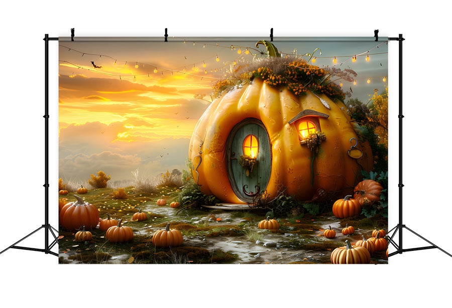 Toile de fond de cottage de citrouilles au coucher du soleil d'automne RR7-324