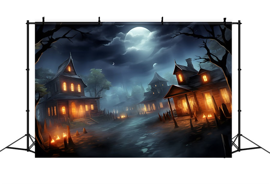 Toile de fond de village hanté éclairé par la lune d'Halloween RR7-325