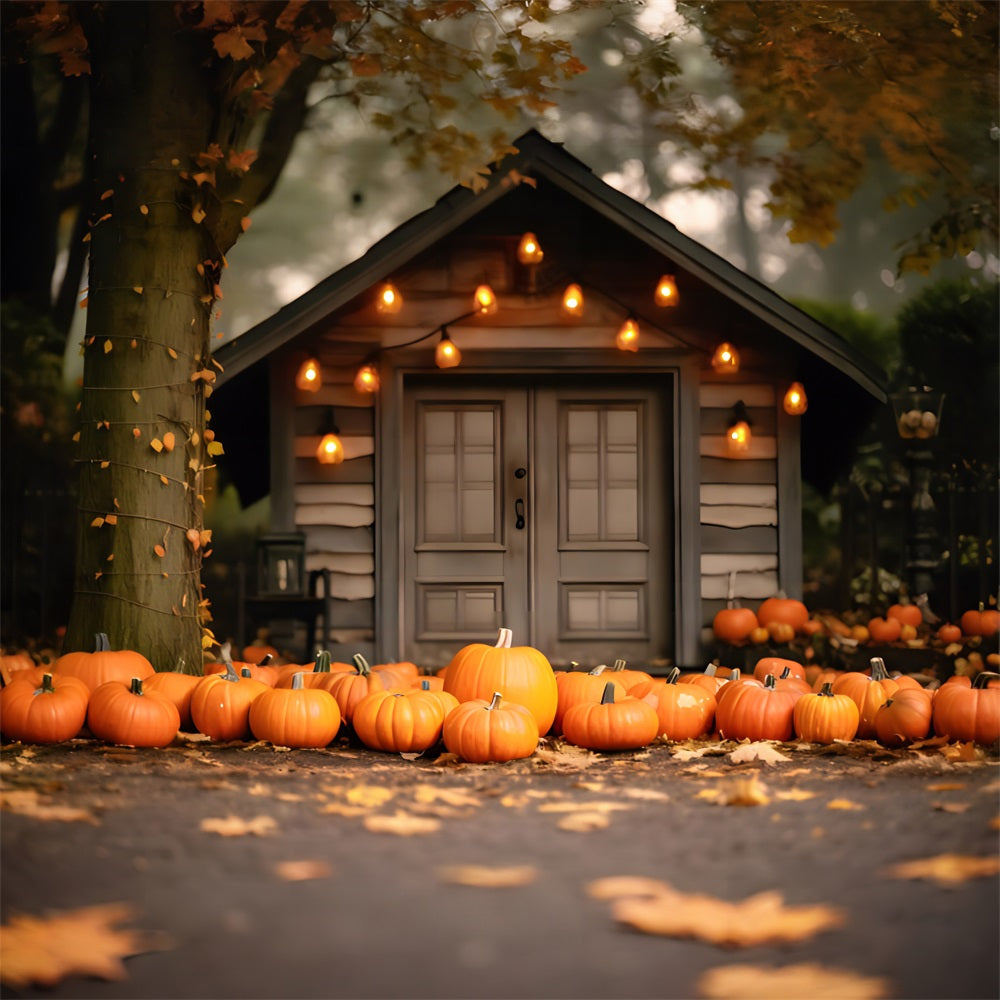 Toile de fond de cabane chaleureuse au crépuscule d'automne avec citrouilles RR7-326