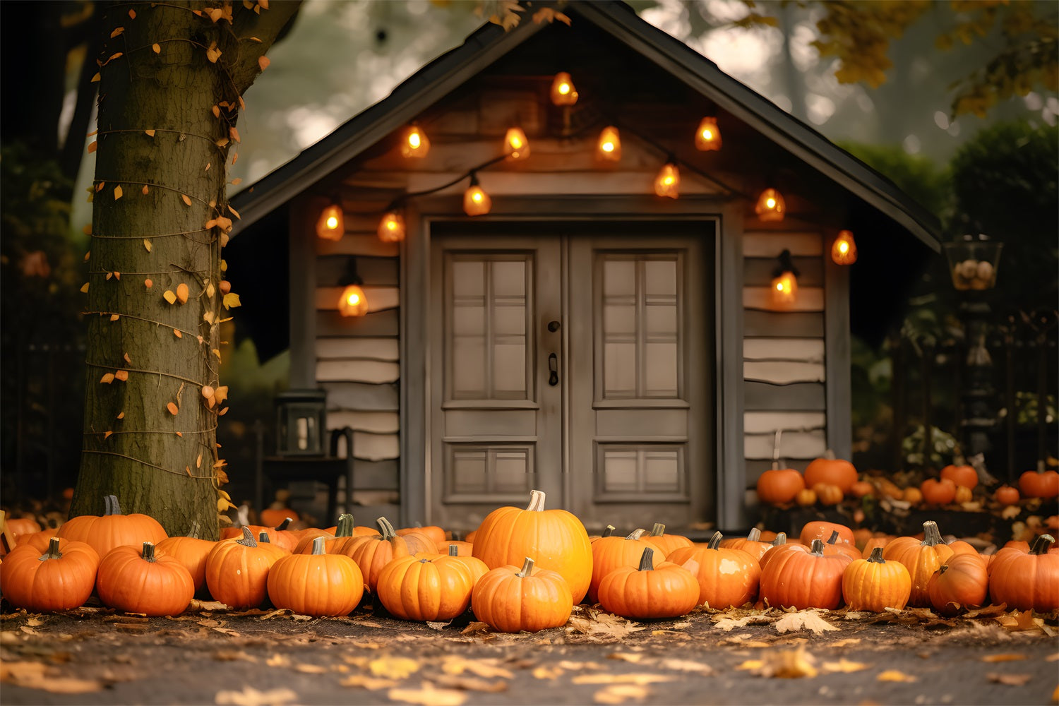 Toile de fond de cabane chaleureuse au crépuscule d'automne avec citrouilles RR7-326