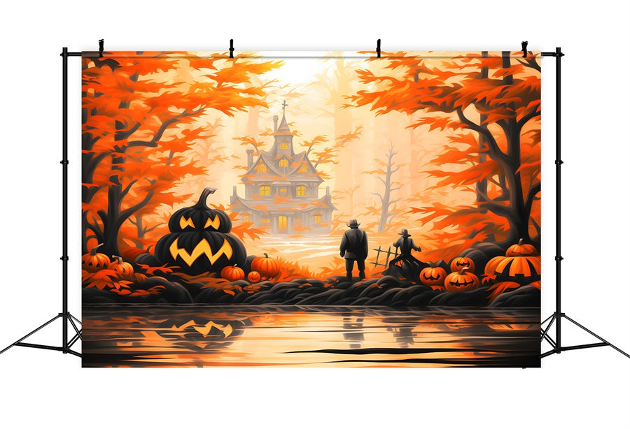 Toile de fond de manoir enchanté dans la forêt d'Halloween RR7-328