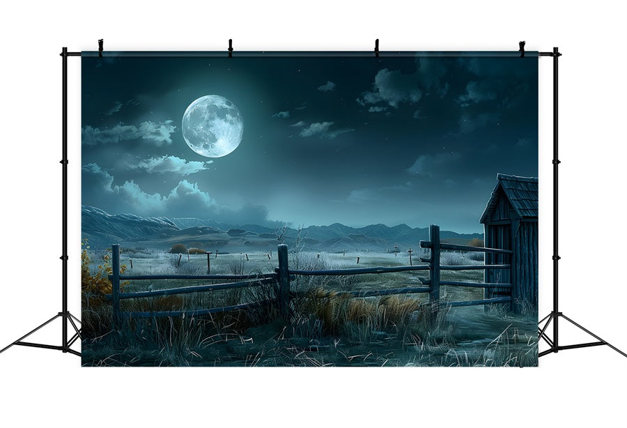 Toile de fond de ferme hantée éclairée par la lune d'Halloween RR7-329