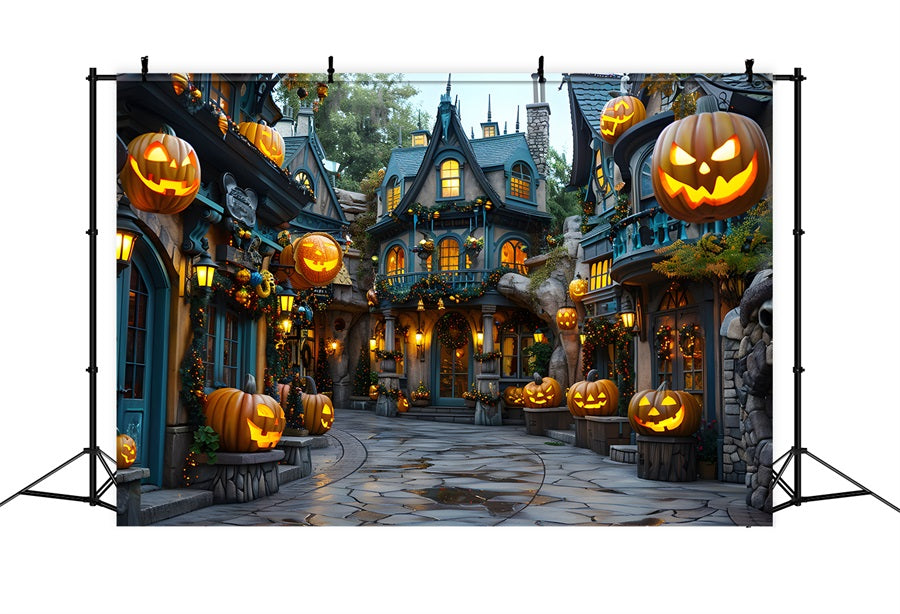 Toile de fond de village enchanté avec citrouille d'Halloween RR7-333