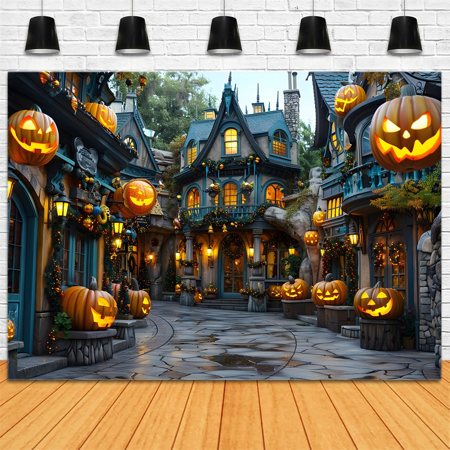 Toile de fond de village enchanté avec citrouille d'Halloween RR7-333