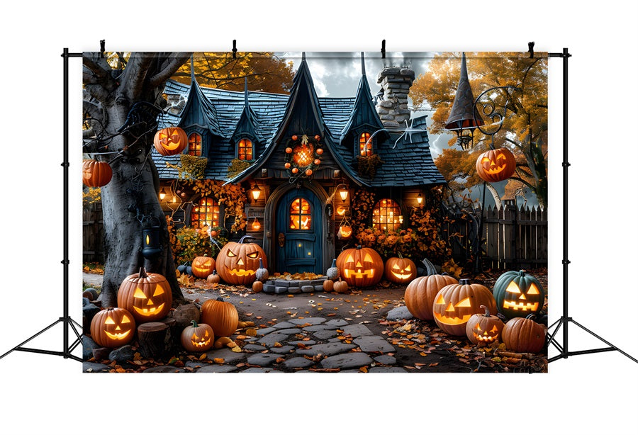 Toile de fond de village enchanté avec lanternes de citrouille d'Halloween RR7-335