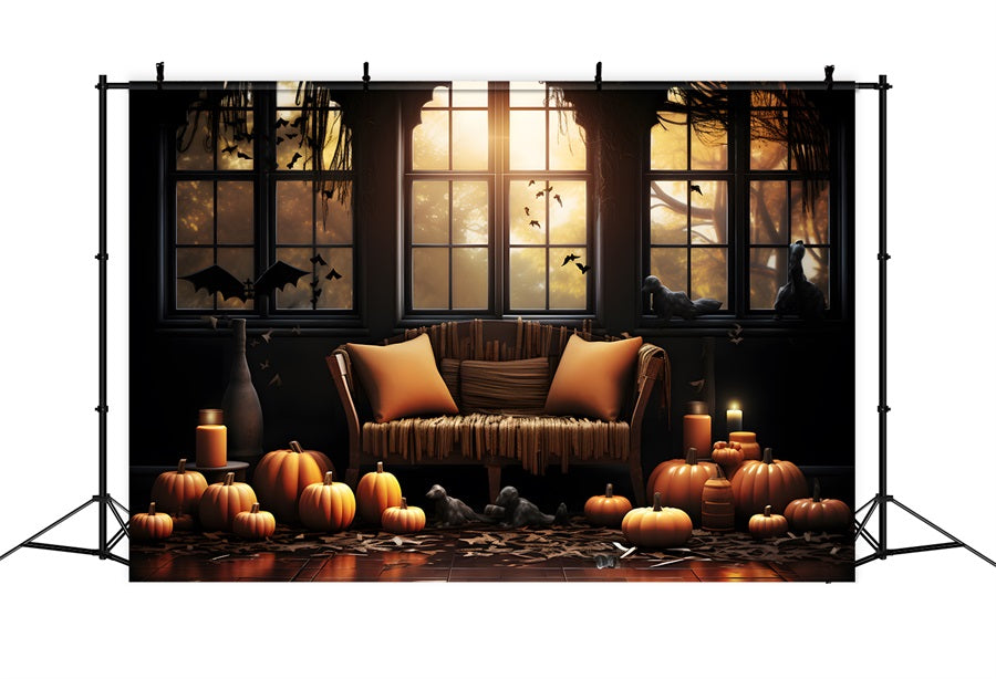 Toile de fond de décoration chaleureuse de citrouille avec fenêtre d'Halloween RR7-336